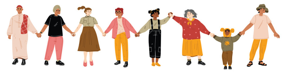 Happy people holding hands isolated on white