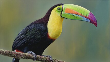 Fototapeta premium Vibrant Keel-billed Toucan perched on branch, showcasing its iconic large multicolored beak against soft green-blue blurred background in stunning wildlife close-up
