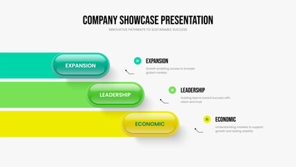 Enterprise Innovation Three Option Diagram Slideshow Template. Professional Review Frame Design Vector Illustration. Company Launch 3 Element Infographic Slide Layout.