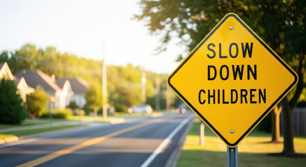 Yellow Slow Down Children road sign on a sunny residential street. Warning traffic symbol for safety in a neighborhood suburb with copy space
