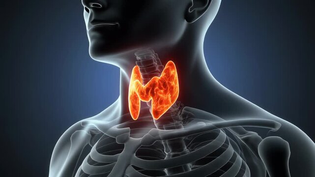Detailed 3D animation showcasing the human thyroid gland glowing within a transparent body with skeletal structure, illustrating medical anatomy and the endocrine system