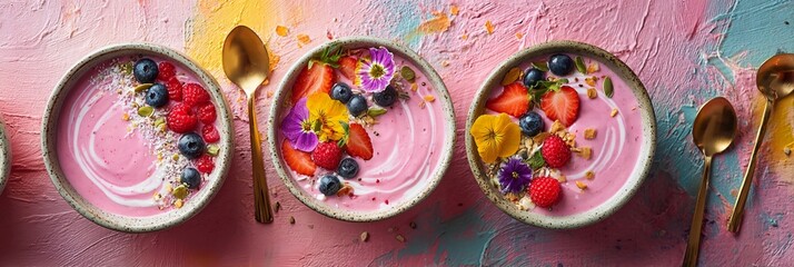 Fototapeta premium Vibrant smoothie bowls adorned with fresh berries, edible flowers, and golden spoons, creating a colorful breakfast spread against a textured pink and blue background