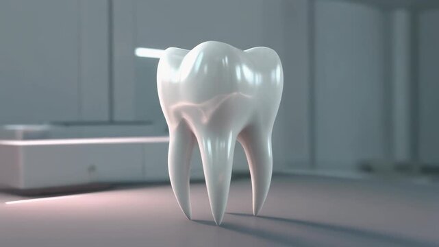 Perfect 3D rendered tooth rotating in a modern dental office or laboratory setting, symbolizing oral hygiene, dentistry, and medical care.