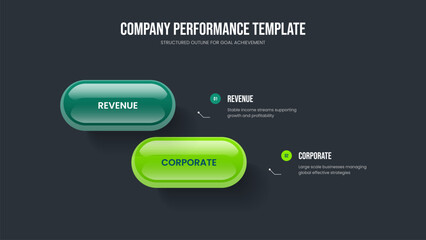 Professional Strategy Two Element Infographic Slideshow Layout. Investor Performance 2 Step Diagram Frame Design. Corporate Insight Slide Template Vector Illustration.
