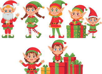 Cute Christmas Elves Vector Set, Santa Claus Helpers Collection, Happy Cartoon Holiday Characters with Presents and Gifts for Winter Design, New Year, Merry Xmas, Vector Illustration