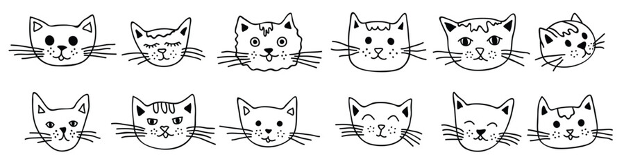 Hand drawn cat muzzle clipart. Cute pet face doodle set
