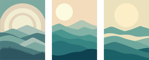 Abstract Landscape Wall Art Set with Soft Mountain Silhouettes, Misty Atmospheric Layers, Calm Minimal Style Prints for Modern Interior Home Decor