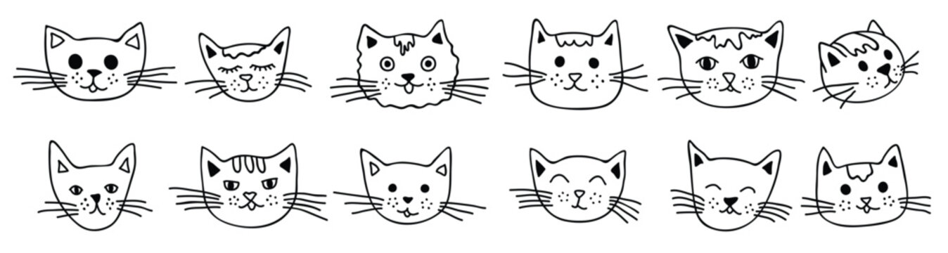 Hand drawn cat muzzle clipart. Cute pet face doodle set