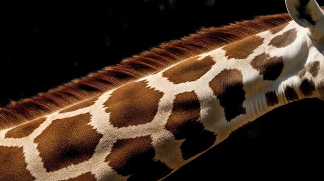 Giraffe neck and mane close up against dark background. Wild animal fur skin pattern texture. Wildlife and nature concept for educational backdrop.