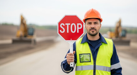 Construction worker holding a red stop sign on a road site. Male builder in safety vest and hard hat warning traffic. Roadwork and industrial safety concept