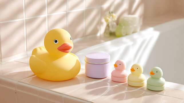 Yellow rubber duck and pastel baby bath toys on a bathtub edge in soft morning sunlight. Cozy bathroom interior, playful and clean atmosphere for kids.

