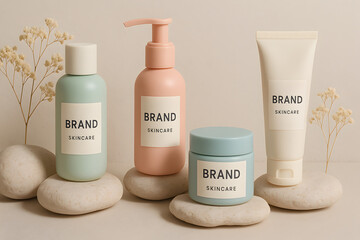 Four cosmetic products in pastel colors on beige stones with dried flowers, arranged on a light beige background, showcasing skincare items in a serene setting.
