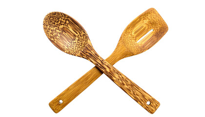 Crossed wooden serving spoon and salad server on black isolated on solid white background Png4