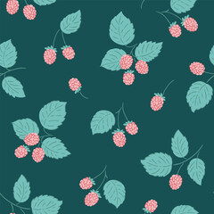 vector raspberries seamless pattern on dark background. Stylish illustrated berry repeat pattern design for fabric or wallpaper.