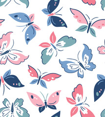 Vector vintage butterfly seamless pattern. Illustrated stylized butterfly isolated on the white background. Elegance summer insect repeat print design in asian style.