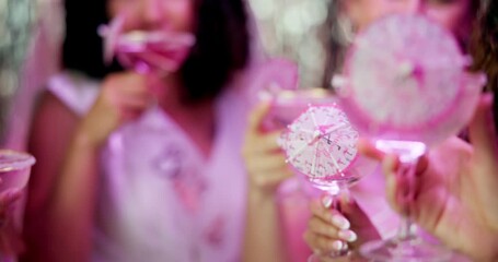 Friends, alcohol and toast with party, celebration and get together for bachelorette event. Excited, women and smile with love, support and happy for wedding and future commitment with cocktail group