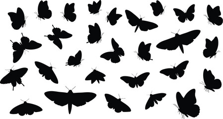Collection of silhouettes of various moths flying in different directions