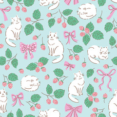 vector coquette cat seamless pattern in delicate colors. Stylish illustrated berry, bows and cats on light blue background. Preppy animal repeat pattern design for baby textile or wallpaper.