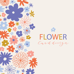 Colorful happy doodle floral frame with place for your text. Abstract flowers on light background. Vector greeting card, invitation or brochure template design.