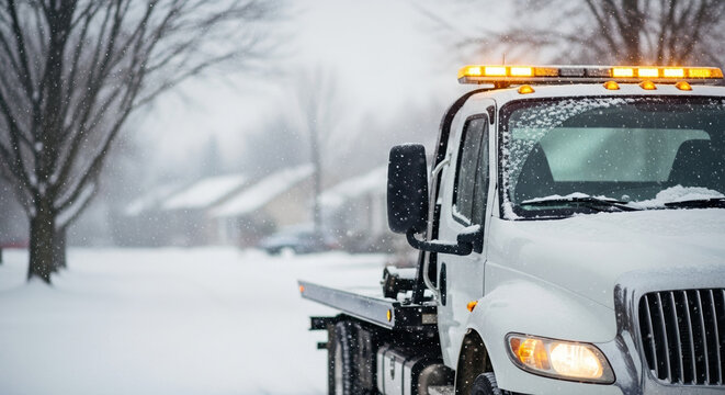 Emergency tow truck service during a heavy winter snowstorm. Roadside assistance vehicle with amber lights on