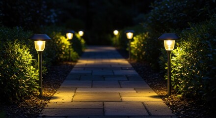 A serene garden pathway is illuminated by soft, warm lights, guiding the way through lush greenery, creating a tranquil nighttime ambiance perfect for evening strolls and gatherings