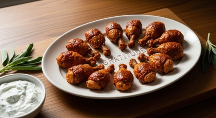A beautifully arranged platter of succulent chicken drumsticks, glazed with a rich, spicy coating, complemented by a bowl of creamy dip, resting elegantly on a wooden table