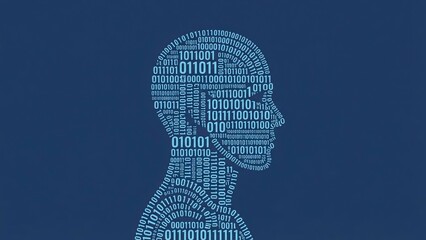 Conceptual flat vector illustration of human head silhouette filled with binary code numbers representing artificial intelligence digital mind and data processing technology design on blue background