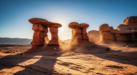 A breathtaking sunset bathes towering red sandstone formations, casting long shadows on the desert floor as fine dust swirls gently in the warm evening light, showcasing nature's artistry