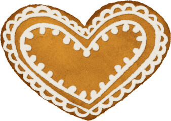 Watercolor illustration of a gingerbread heart cookie decorated with white icing. Hand-painted in a soft, festive style. Perfect for Christmas designs, holiday cards, seasonal packaging, 