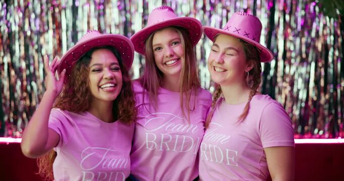 Bachelorette party, bridesmaids and face of women at club for bride to be, wedding and night out. Support, bridal shower and hen do with portrait of people for social event, friends and celebration