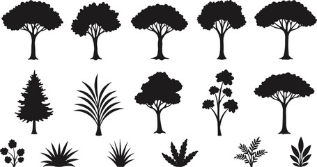 Black tree silhouette, plant silhouette, forest outline, foliage vector, botanical illustration, nature design, isolated shapes, decorative elements, shrubs, 