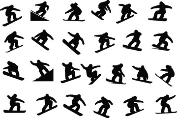 Snowboarder silhouette illustration, action poses, extreme sport, black icons, dynamic tricks, vector art, cad drawing flat vector illustration