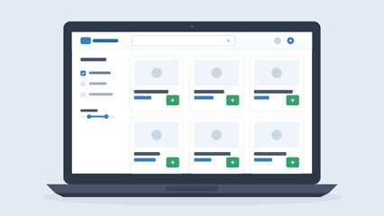 Modern vector UI on laptop for content management or web application with various media elements