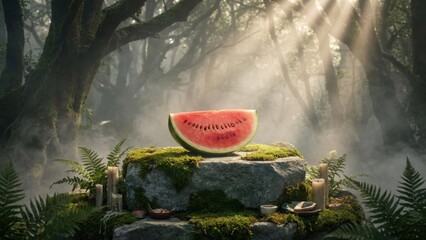 A vibrant watermelon slice rests on a moss-covered stone pedestal surrounded by lush ferns and soft, diffused light streaming through an enchanting forest, creating a mystical atmosphere