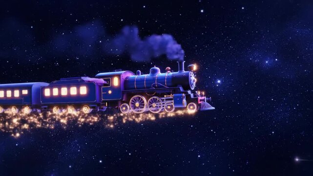 Magical train traveling through a starry night sky, fantasy express soaring through the cosmos, enchanting journey across the galaxy