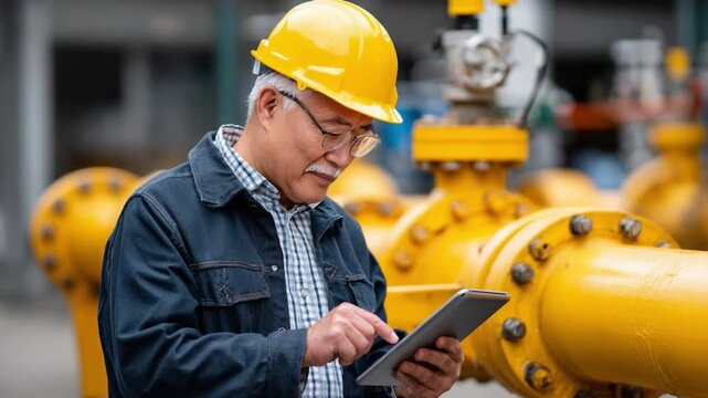 Energy Infrastructure Inspector: An expert in the field meticulously inspects critical energy infrastructure, carefully examining a digital tablet amidst the complexity of pipes and valves.