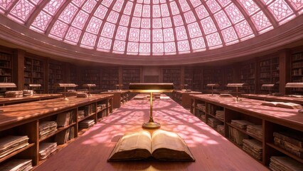 A grand library interior featuring long wooden tables and bookshelves lining the walls, illuminated by a stunning stained glass dome that casts colorful light across the scene