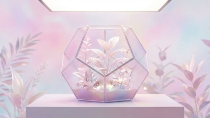 A beautifully crafted geometric terrarium featuring delicate transparent plants and sparkling gems, set against a soft pastel background with a luminous overhead light