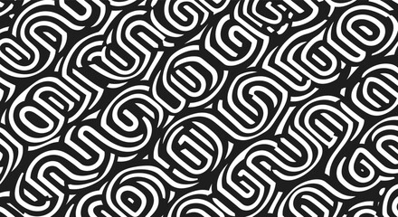 Bold black and white abstract geometric pattern with curved lines creating modern seamless background for textile, wallpaper, branding, and graphic designBold black and white abstract geometric 