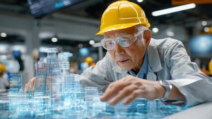 Architect's Vision: An experienced architect, adorned with a yellow hard hat, focuses on a digital city model, engrossed in the intricacies of its design. - Powered by Adobe