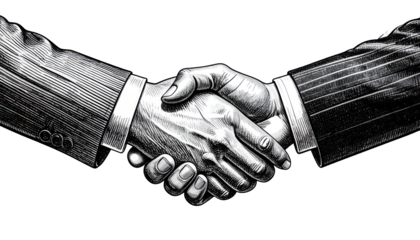 Detailed grayscale illustration of two hands clasped in a firm handshake (1)
