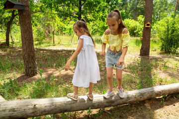 Children balancing standing on the log in forest