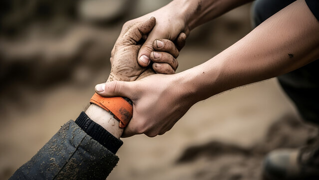 Helping hands pulling someone up from muddy ground in difficult situation  
