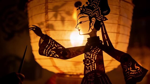 Traditional Chinese Shadow Puppet Performance with Lantern Light.