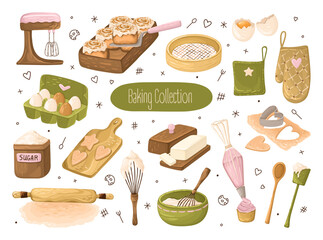 Baking Tools and Cookie making set. Cute Kitchen Clipart with Pastry elements. Vector.