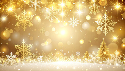 Golden christmas background with snowflakes and stars
