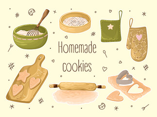 Homemade cookies baking illustrations. Cute Kitchen Clipart. Vector.
