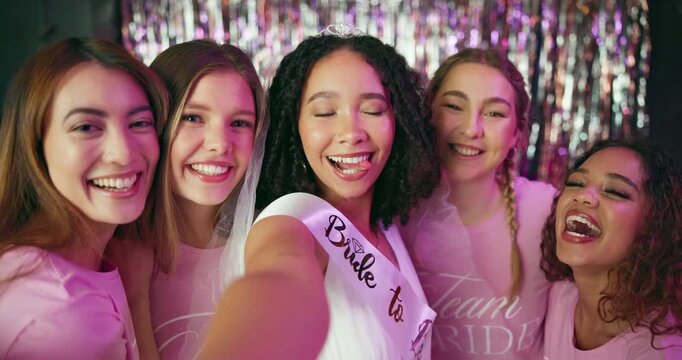 Women, bride and face with party selfie, celebration and get together for bachelorette event. Excited, friends and smile with love, support and happy for wedding and future commitment with group hug