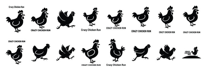 Set of vector crazy chicken run  icon in silhouettes © Poli