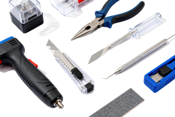 Assorted electronic repair tools for various maintenance tasks